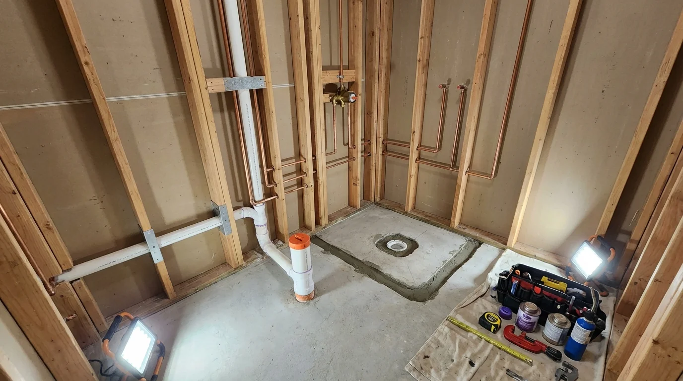 Bathroom rough-in plumbing during remodel by Johns Plumbing LLC in Tierra Amarilla