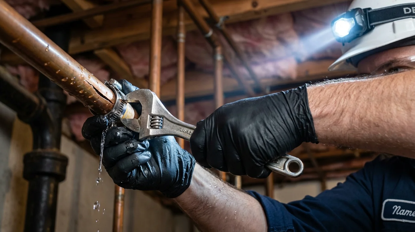 Emergency pipe clamp repair being performed by a Johns Plumbing LLC plumber in Tierra Amarilla