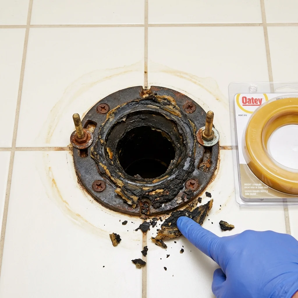 Failed wax ring showing water seepage at the base of a toilet in a Tierra Amarilla, NM home