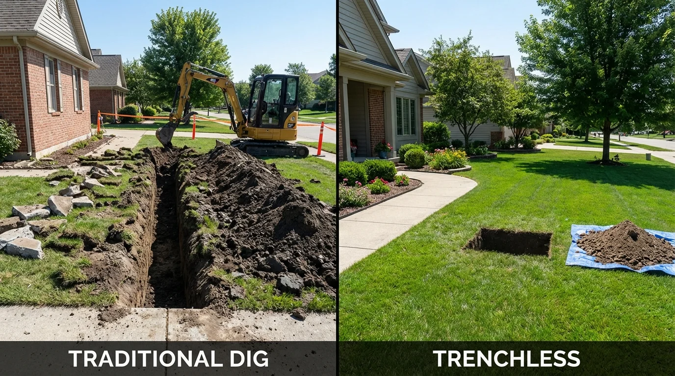 Trenchless sewer repair with minimal yard damage versus traditional excavation in Tierra Amarilla, NM