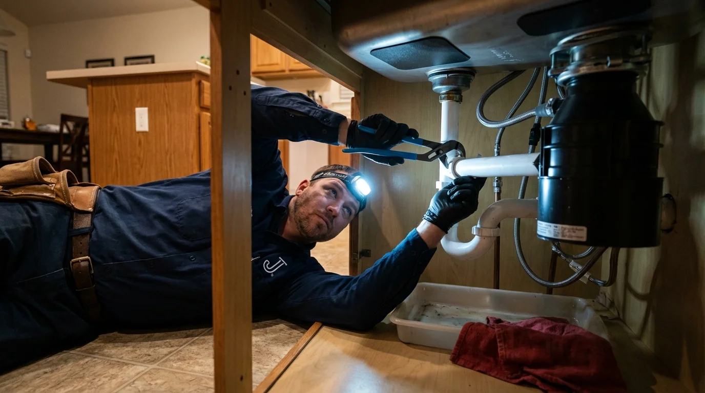 P-trap and supply line connections under a kitchen sink showing a common leak point in Tierra Amarilla, NM